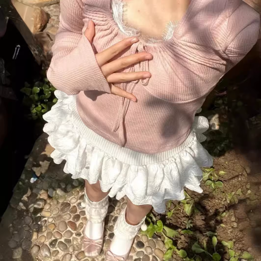 Femmes Kawaii Lolita Shorts jupe 2024 été volants couches Patchwork taille haute Mini jupes fille do