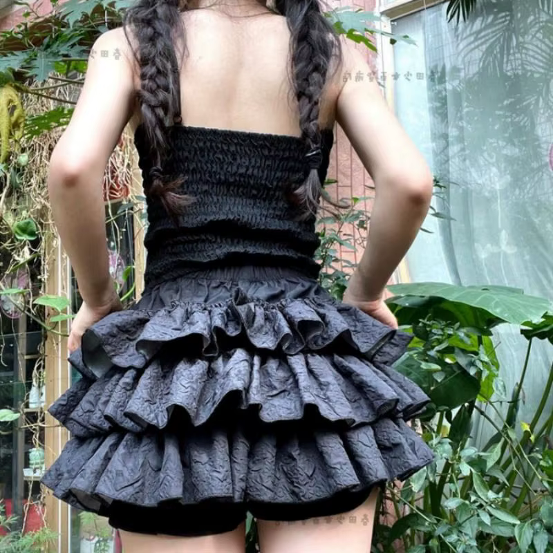 Femmes Kawaii Lolita Shorts jupe 2024 été volants couches Patchwork taille haute Mini jupes fille do