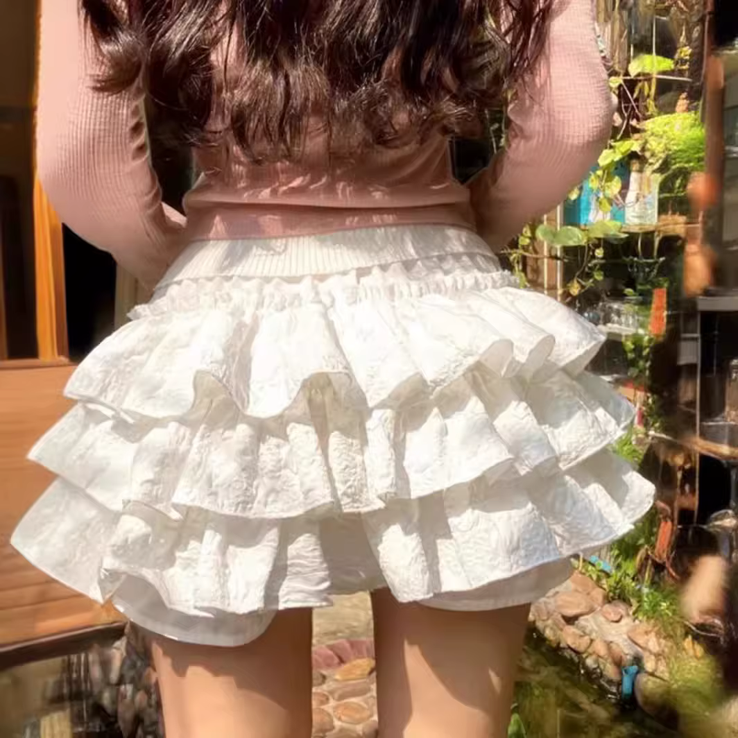 Femmes Kawaii Lolita Shorts jupe 2024 été volants couches Patchwork taille haute Mini jupes fille do