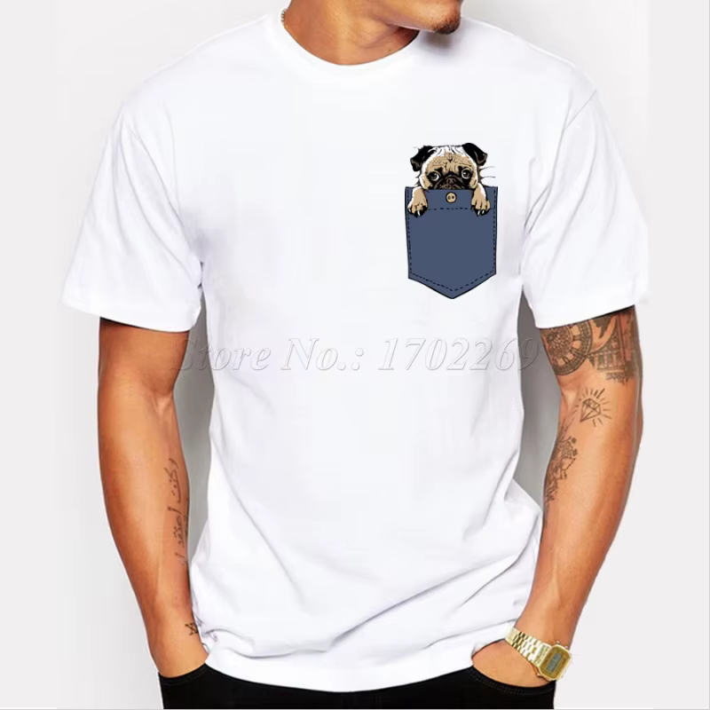 Pugturday – t-shirt manches courtes pour hommes, design carlin dans la poche, hauts amusants, hipste