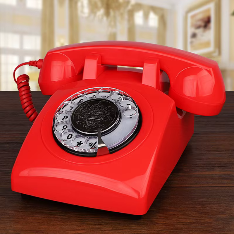 Téléphone filaire rouge, téléphones de bureau à cadran rotatif classique, téléphone vintage antique