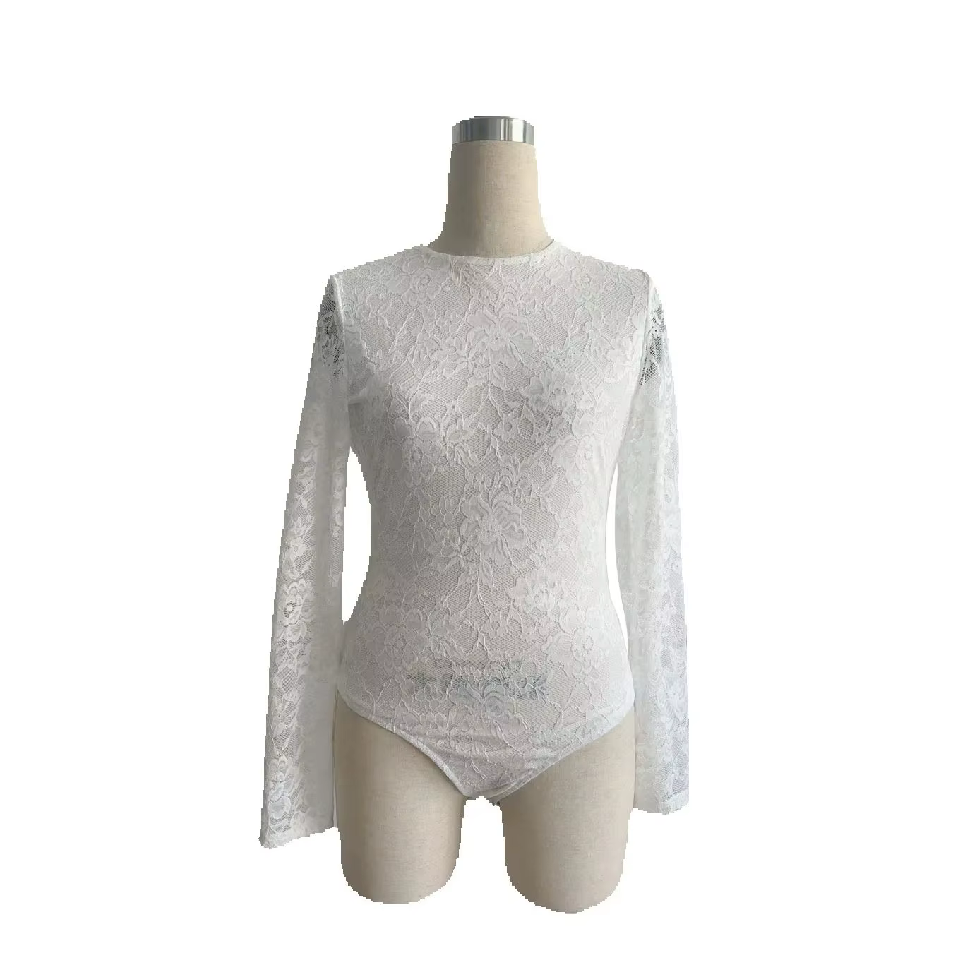 Body une pièce blanc en dentelle et résille à manches longues pour femme, sexy, dos nu, col rond, mo