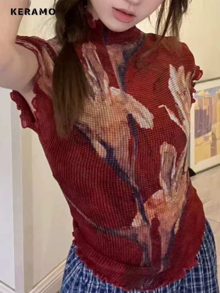 2025 été Coquette Hotsweet imprimé fleuri gaine à manches courtes T-shirt femmes Sexy décontracté co