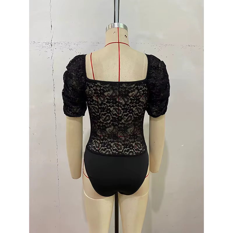 Benuynffy – Nouveau body sexy noir élégant à col en V et manches bouffantes en dentelle pour femme,