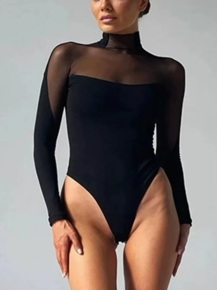 Body épissage en maille transparente, Lingerie à manches longues, hauts Sexy pour femmes, tenue Rave