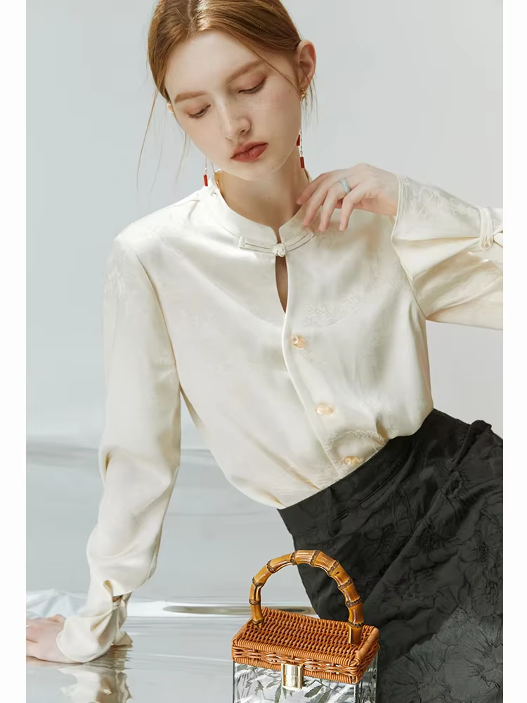 FSLE-Chemise boutonnée à l'acide acétique pour femme, style chinois, impression de peinture de paysa