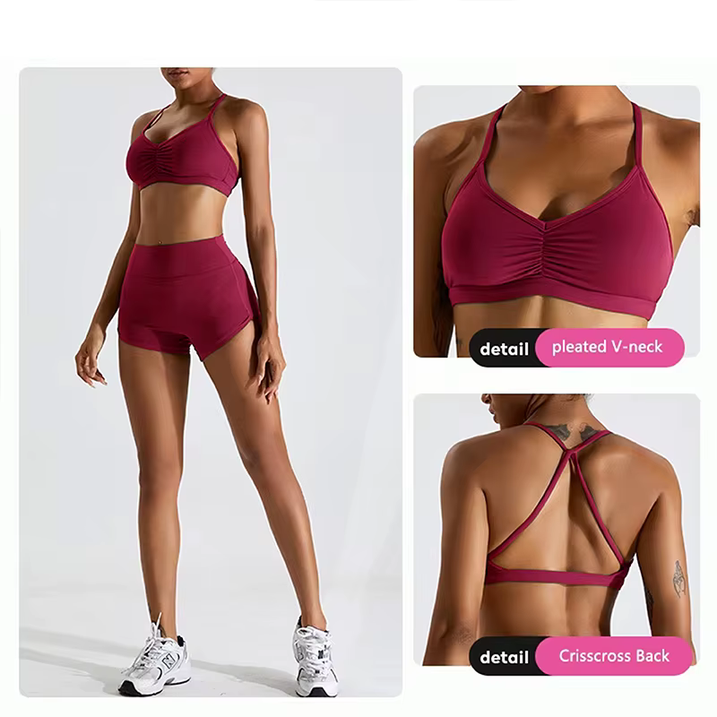 Soutien-gorge de sport sexy froncé pour femme, haut de gym, haut de course à dos croisé, vêtements d
