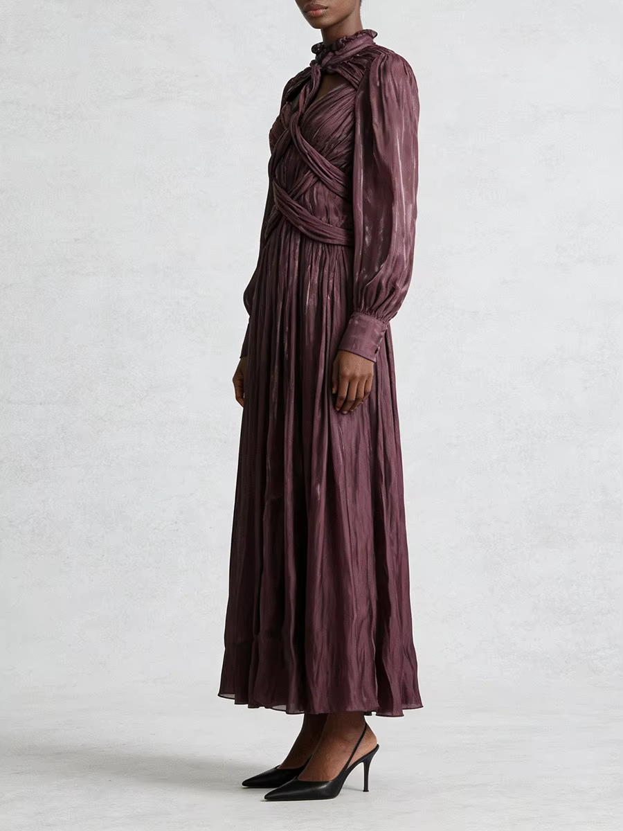 VGH Design Sense Folds Robes amincissantes ajourées pour femmes, col rond, manches longues, taille h