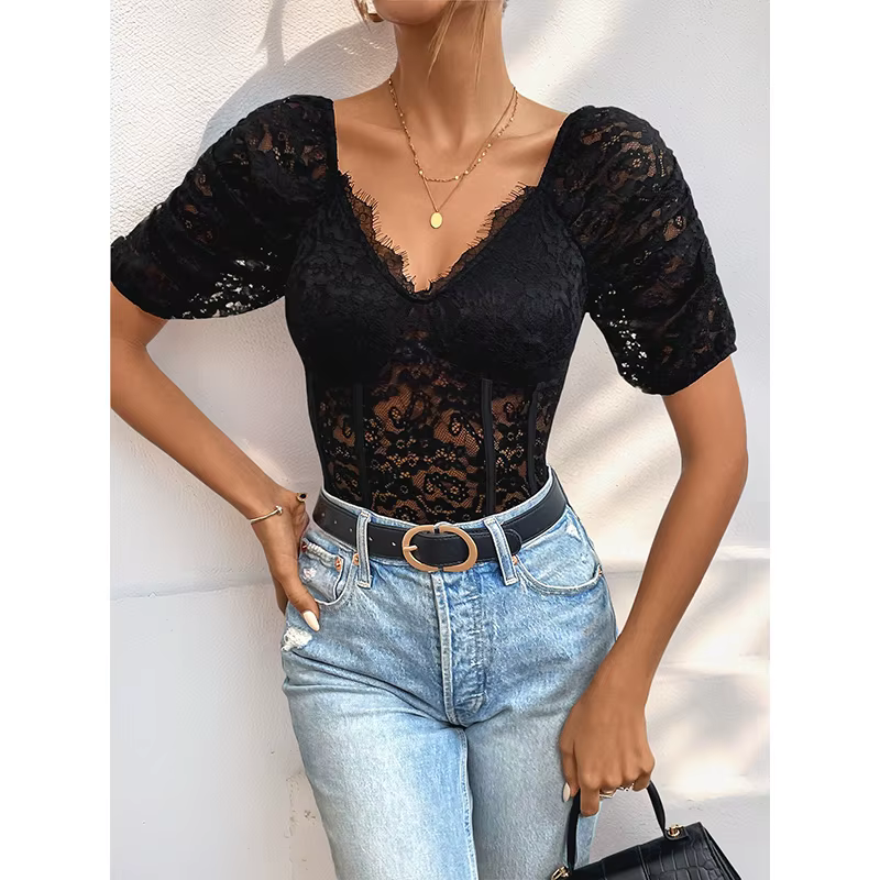 Benuynffy – Nouveau body sexy noir élégant à col en V et manches bouffantes en dentelle pour femme,