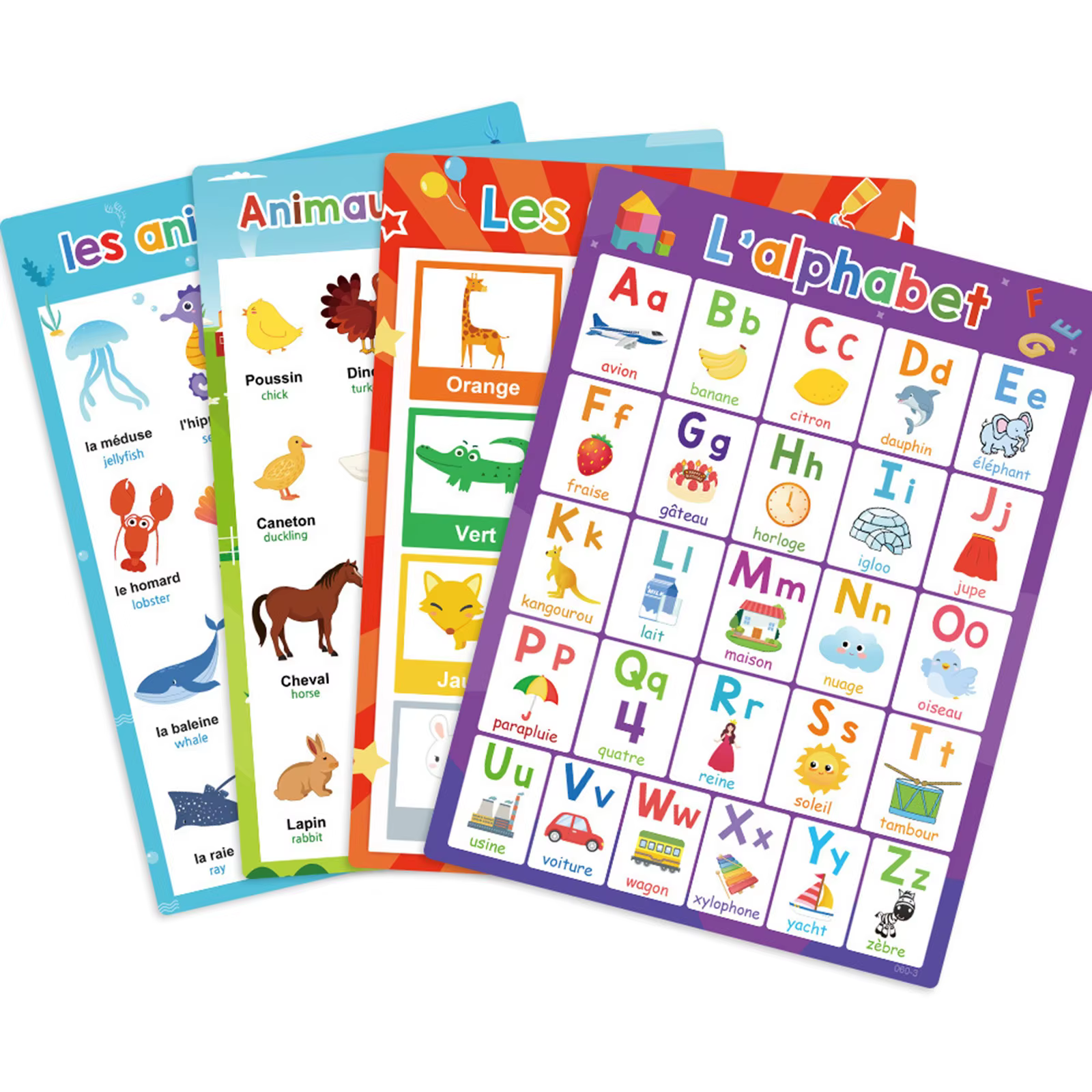 Affiche d'apprentissage du français avec animaux, lettres, fruits, mots, outil d'éducation précoce p
