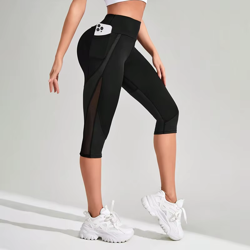 TUNIControl-Pantalon de yoga taille haute en maille pour femme, capri d'entraînement avec poches