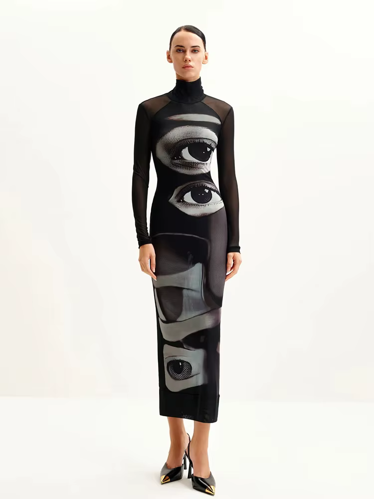 Robe fourreau sexy à manches longues imprimée, coupe ajustée, pour femme, style urbain, club, décont