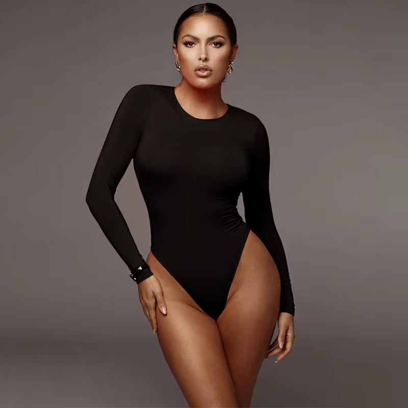 O cou à manches longues solide blanc Sexy Body femmes noir automne hiver corps haut gris décontracté
