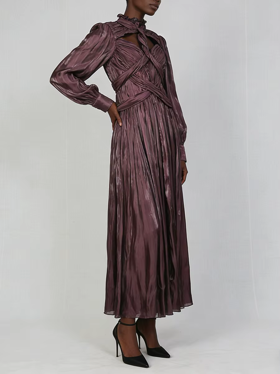 VGH Design Sense Folds Robes amincissantes ajourées pour femmes, col rond, manches longues, taille h