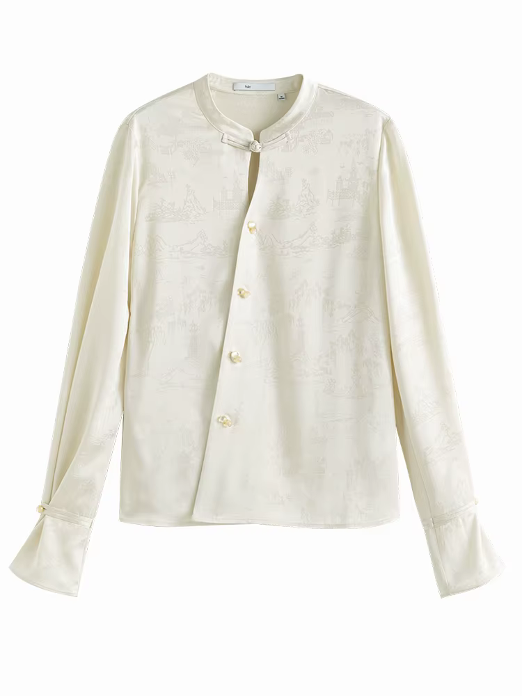 FSLE-Chemise boutonnée à l'acide acétique pour femme, style chinois, impression de peinture de paysa