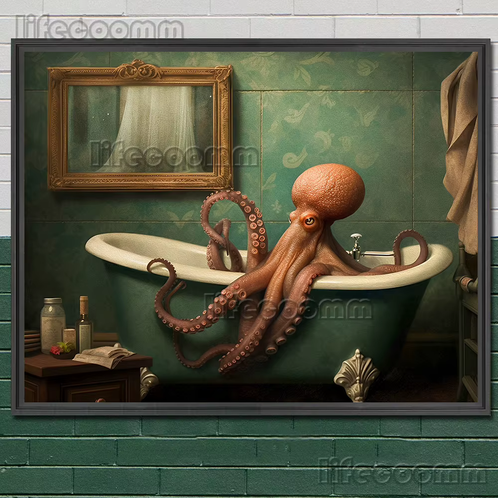 Pieuvre victorienne dans un chapeau haut de forme et Kraken Sea Diver, Art mural vintage, Peinture s