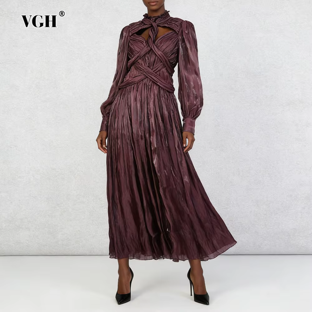 VGH Design Sense Folds Robes amincissantes ajourées pour femmes, col rond, manches longues, taille h