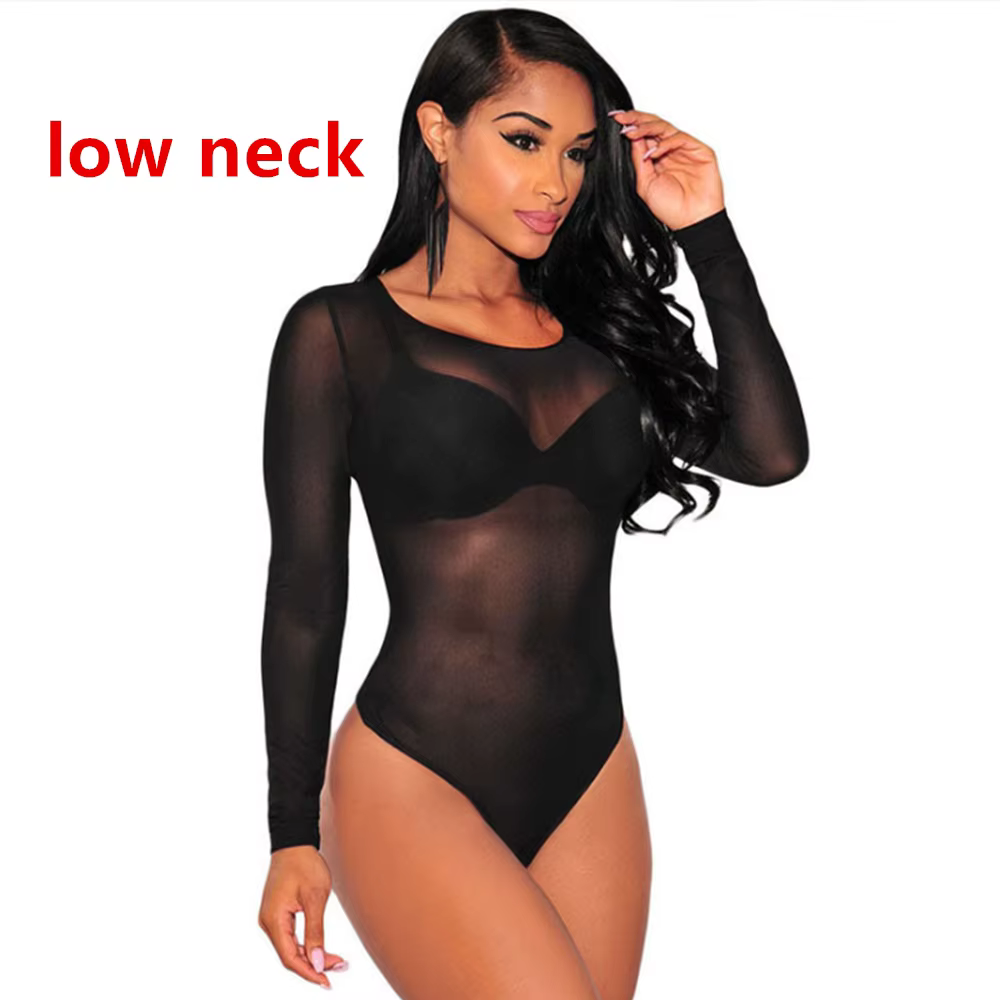 Body noir à manches longues et col haut pour femme, tenue Sexy en gaze, entrejambe ouvert, moulante,