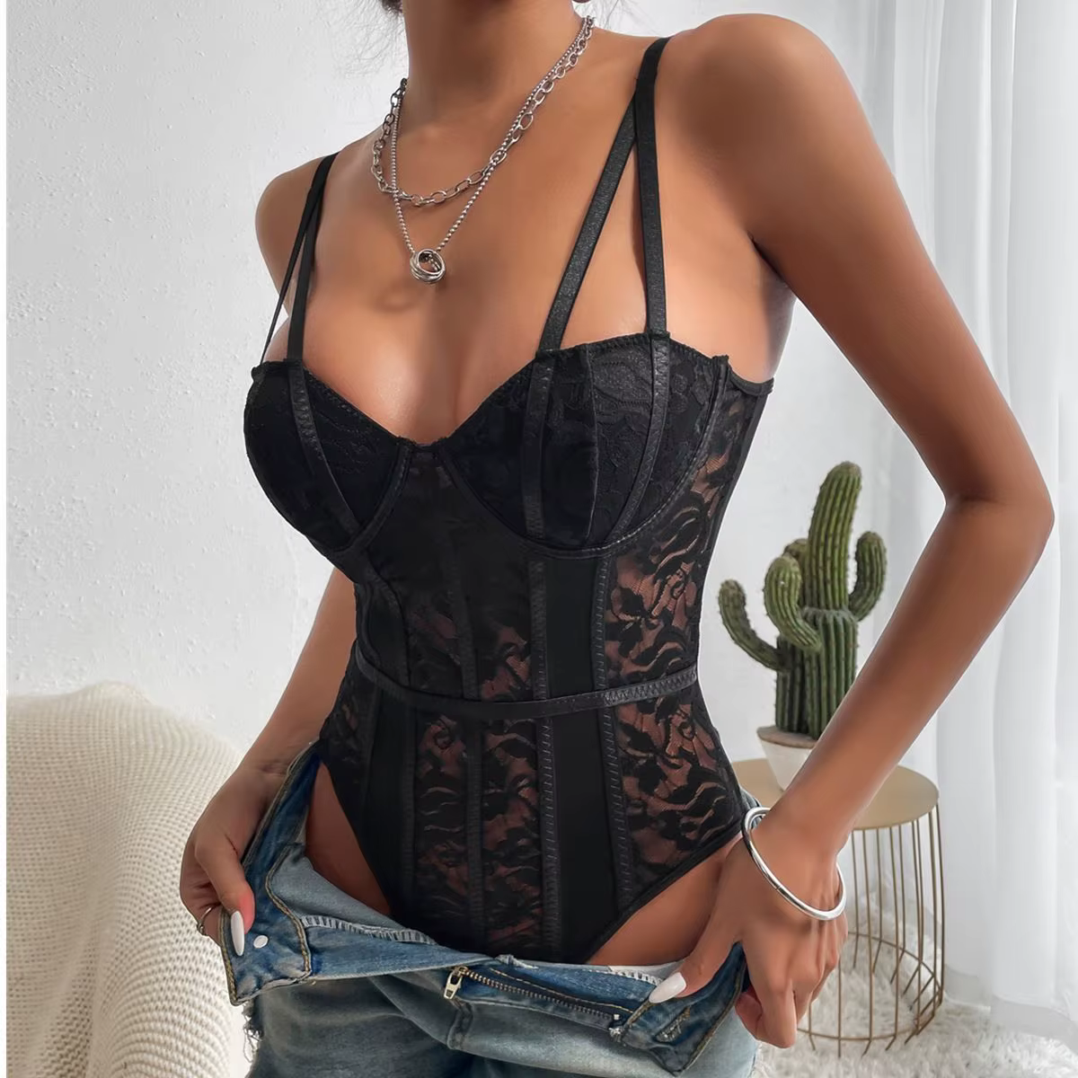 2026 Body Femme Streetwear Sexy Moulant Élégant Basique, Haut Corset, Body Patchwork Dentelle Sexy