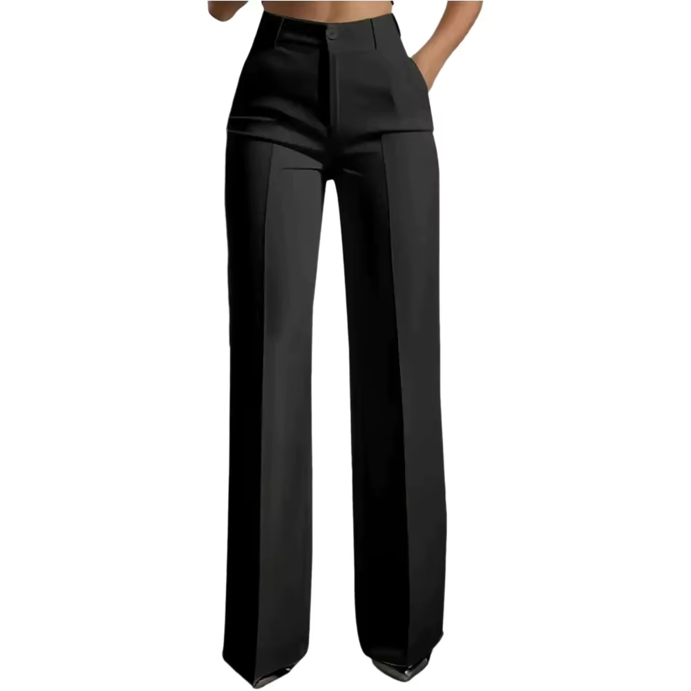 Pantalon de costume noir taille haute pour femme, coupe droite, jambe large, avec détail de couture