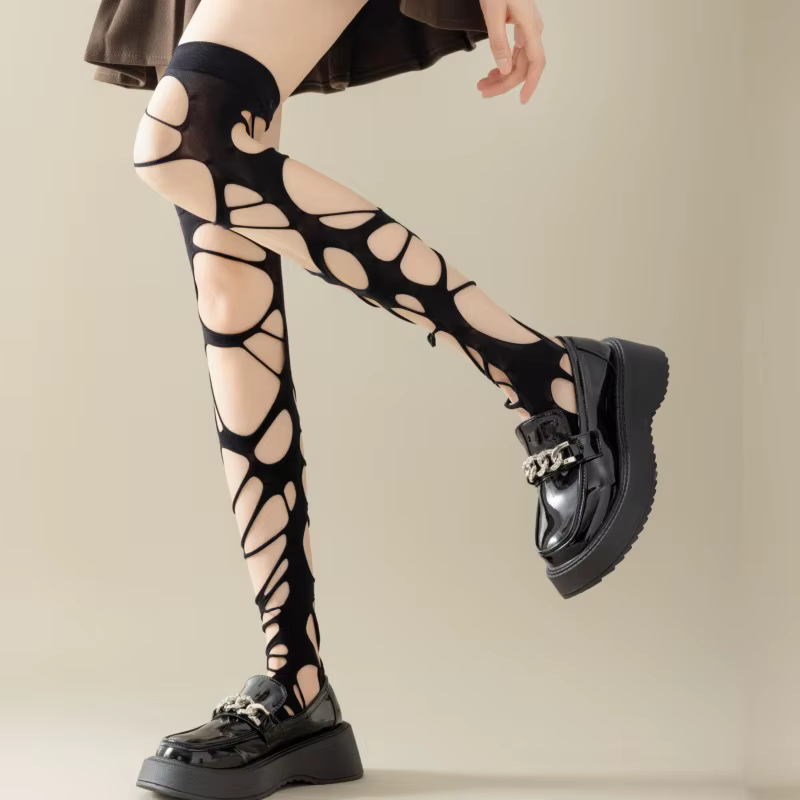 Collants résille déchirés pour femmes – Bas punk en détresse, esthétique gothique Grunge Y2K, collan