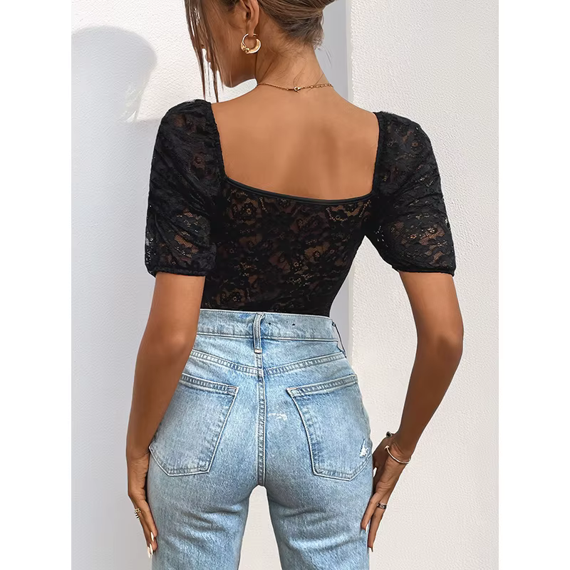 Benuynffy – Nouveau body sexy noir élégant à col en V et manches bouffantes en dentelle pour femme,