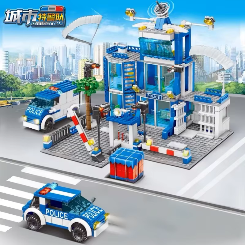 Ensemble de blocs de construction de la station de police de la ville, modèle de voiture en briques
