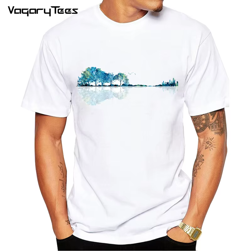 Pas de colle sentiment Imprimé Amusant Nature Guitare Aquarelle Blues T-Shirt Hommes Mode Été O-cou 