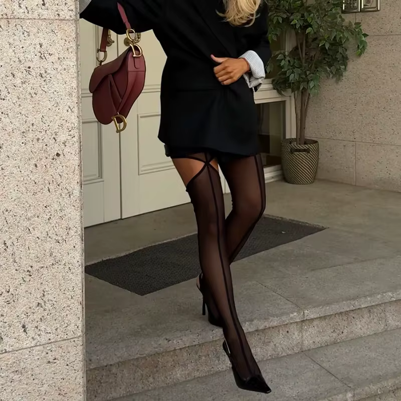 Sexy ligne noire évider collants nouvelle Perspective ligne verticale collants élasticité taille hau