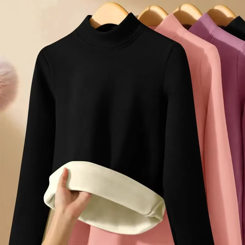 Femmes épaissir demi col roulé bas chemise Double face doublé polaire dessus chaud Delong vêtements 
