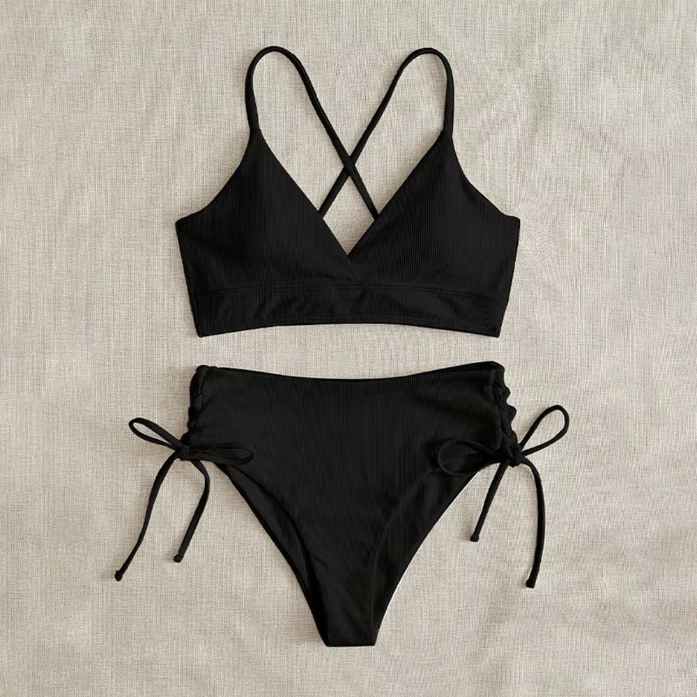 Ensemble Bikini taille haute pour femmes, maillot de bain deux pièces, contrôle du ventre, col en V,