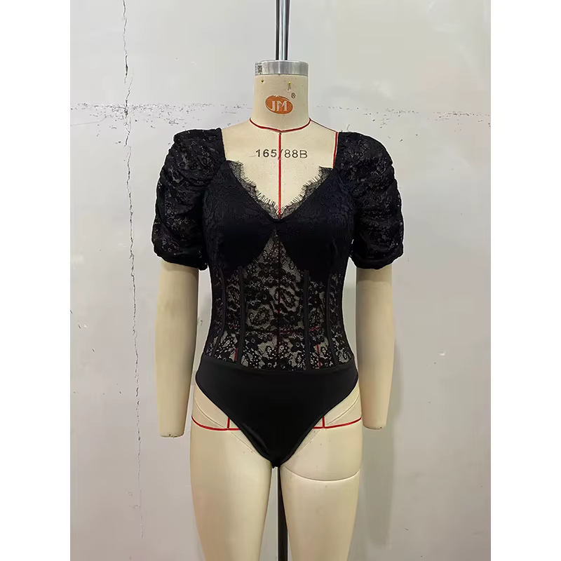 Benuynffy – Nouveau body sexy noir élégant à col en V et manches bouffantes en dentelle pour femme,