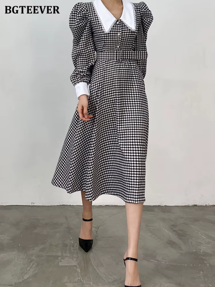 BGTEEVER-Robe trapèze patchwork vintage pour femme, robe à carreaux, manches bouffantes, taille fine