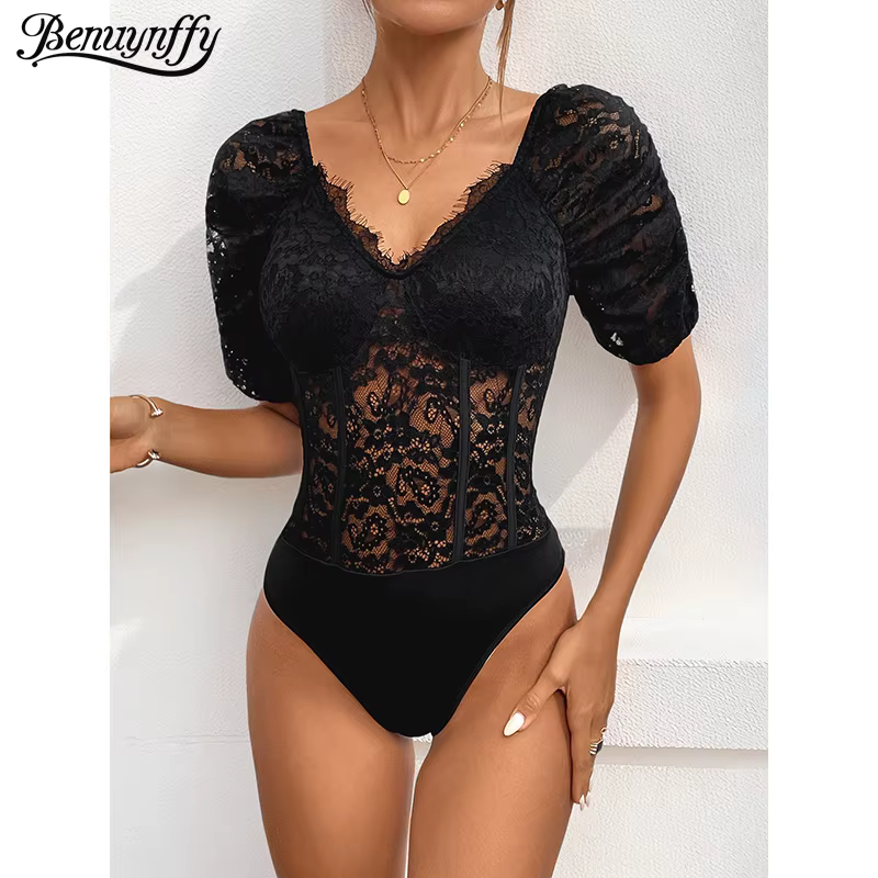 Benuynffy – Nouveau body sexy noir élégant à col en V et manches bouffantes en dentelle pour femme, 