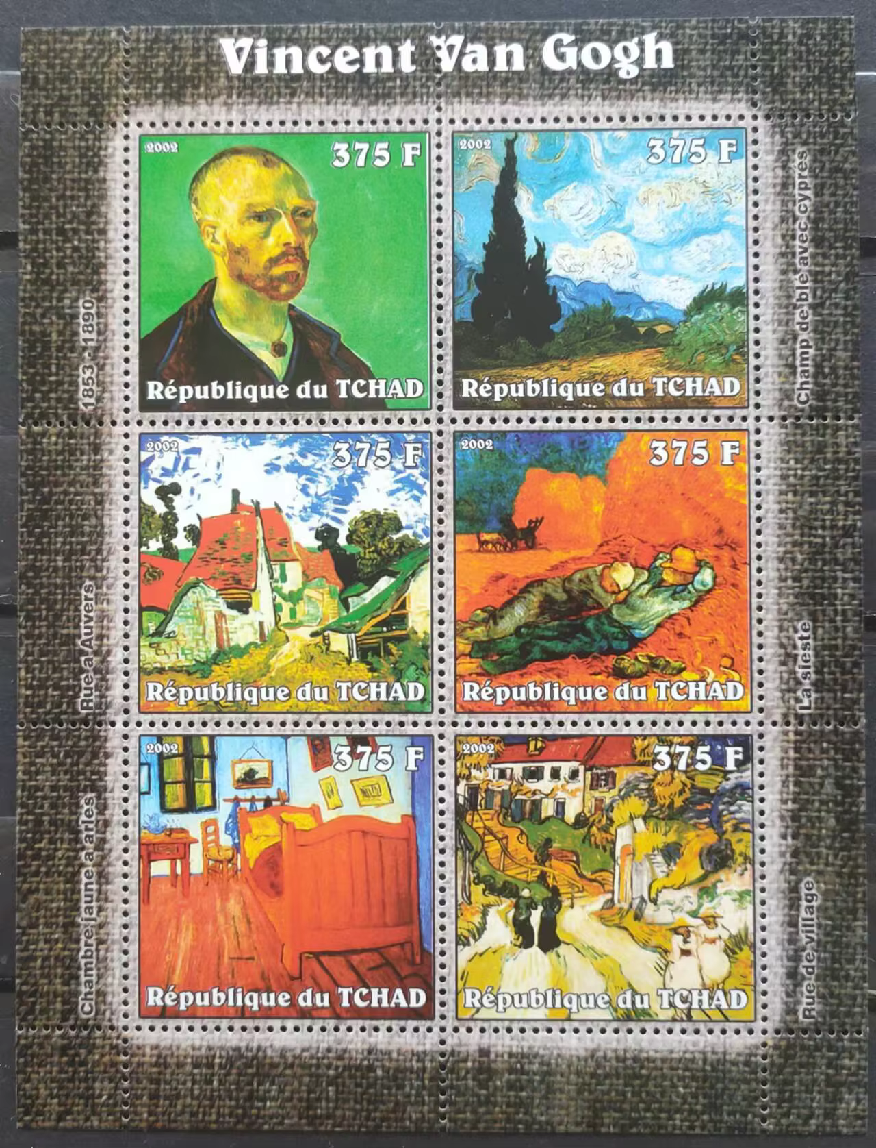 Timbres-poste du Tchad 2002 Peintures de Van Gogh 1 Feuille Souvenir 6 Nouveaux Timbres-poste de Col