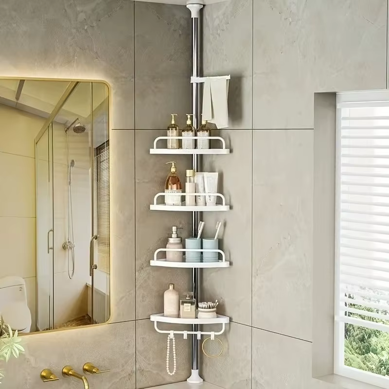 Barre de douche réglable sans perçage en acier inoxydable avec porte-serviettes, organisateur plafon
