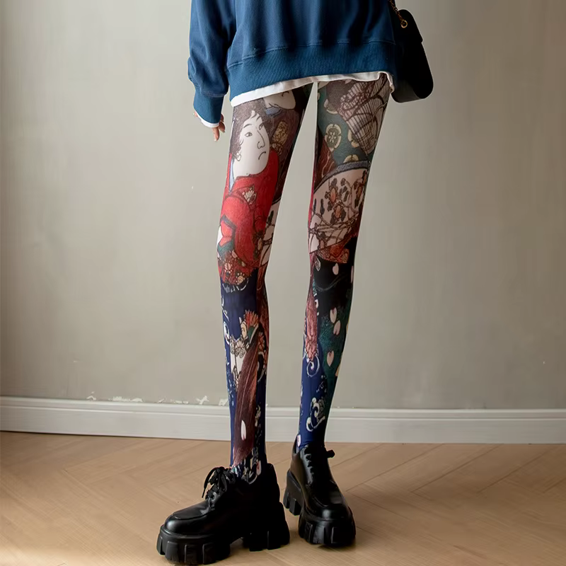 Collants imprimés rétro pour femmes, bas de Portrait abstrait, multicolores, à la mode, en Nylon et