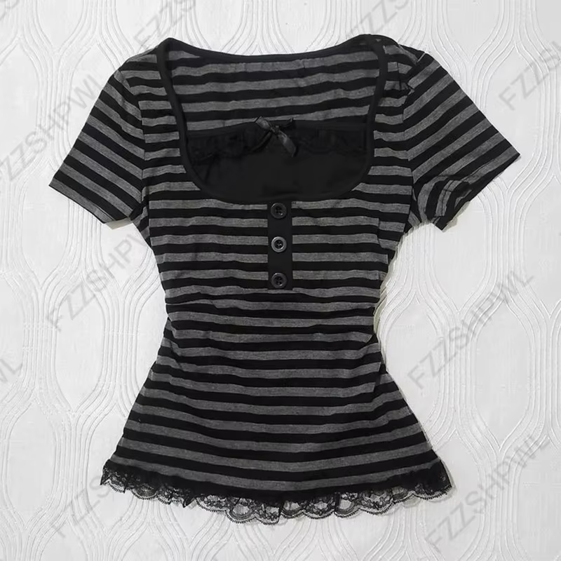 T-shirt Vintage en dentelle Slim, couleur unie, motif décontracté, mode de rue Y2K, haut court poube