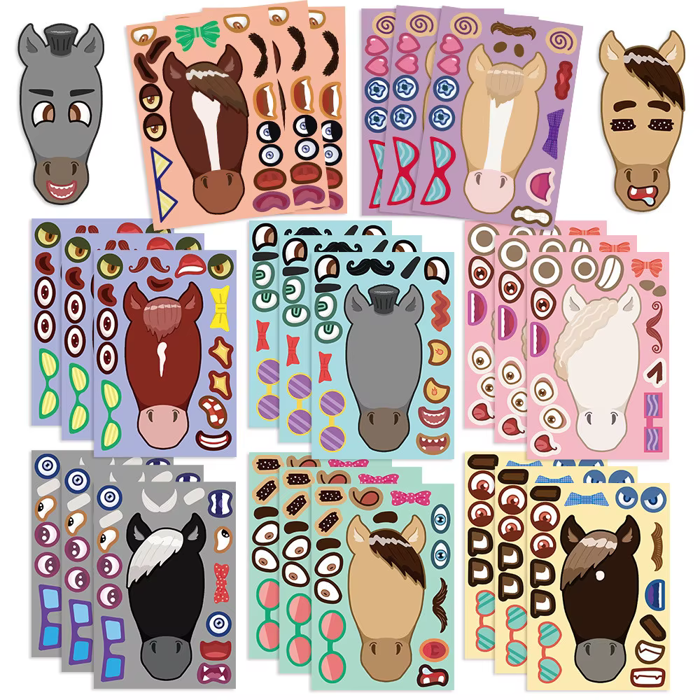 8 modèles d'autocollants de collage tête de cheval de dessin animé - Autocollants imperméables DIY p