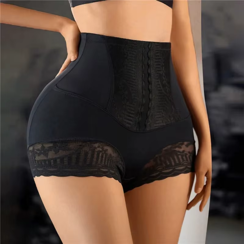 Femmes sans couture taille haute ventre contrôle Shorts culottes avec dentelle garniture ventre plat