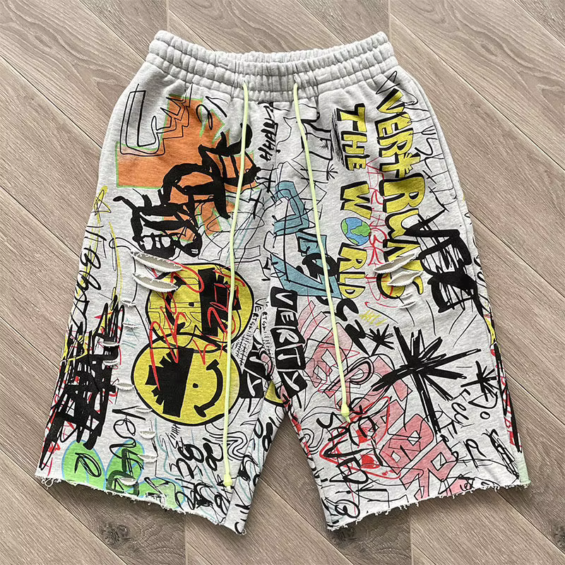 Shorts Vertabrae Verty colorés avec imprimé graffiti peint à la main, design à cordon de serrage, sh