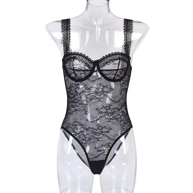 Body en dentelle transparente femmes broderie florale Transparent Teddy Lingerie une pièce corps Tra