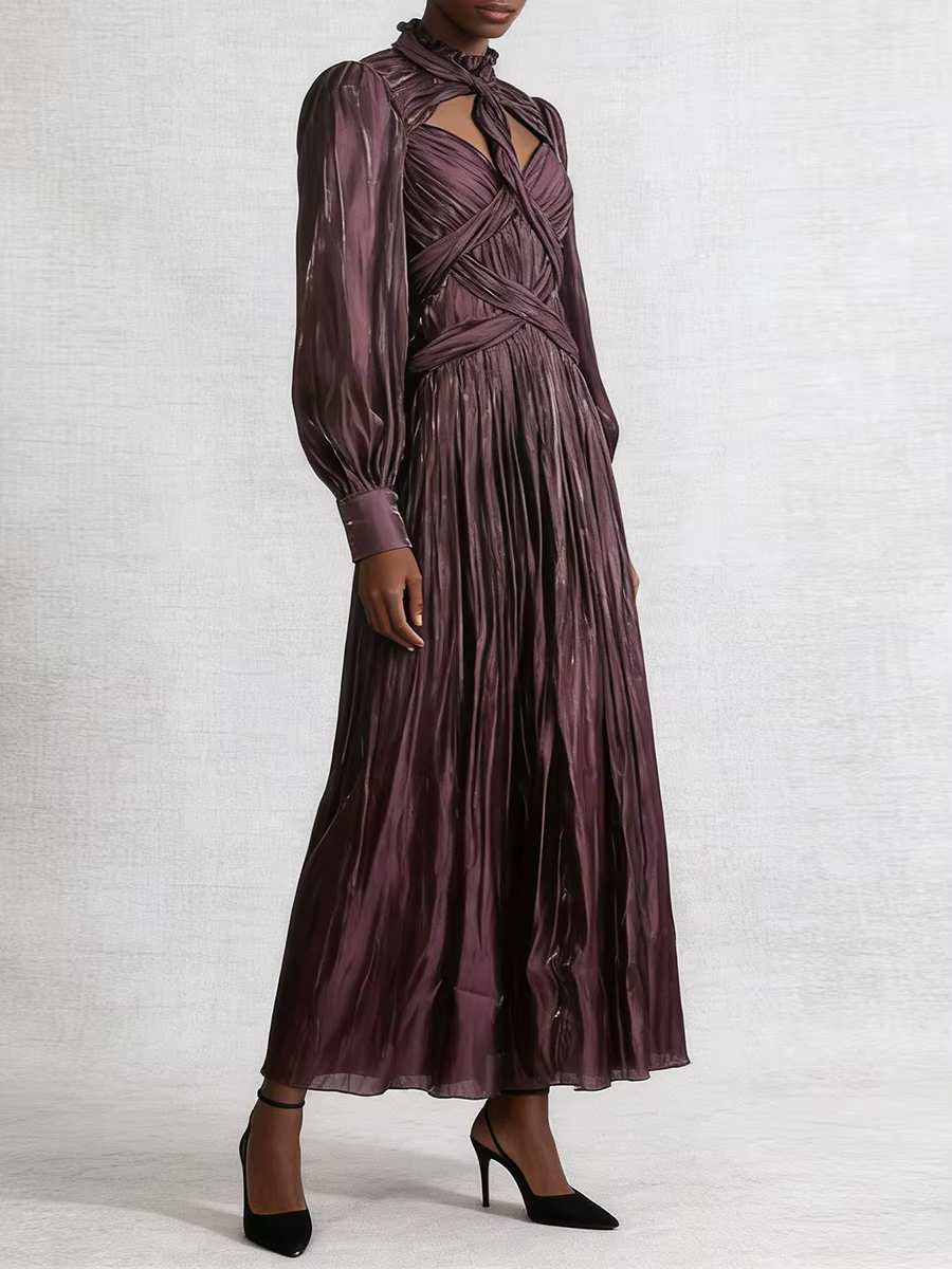 VGH Design Sense Folds Robes amincissantes ajourées pour femmes, col rond, manches longues, taille h