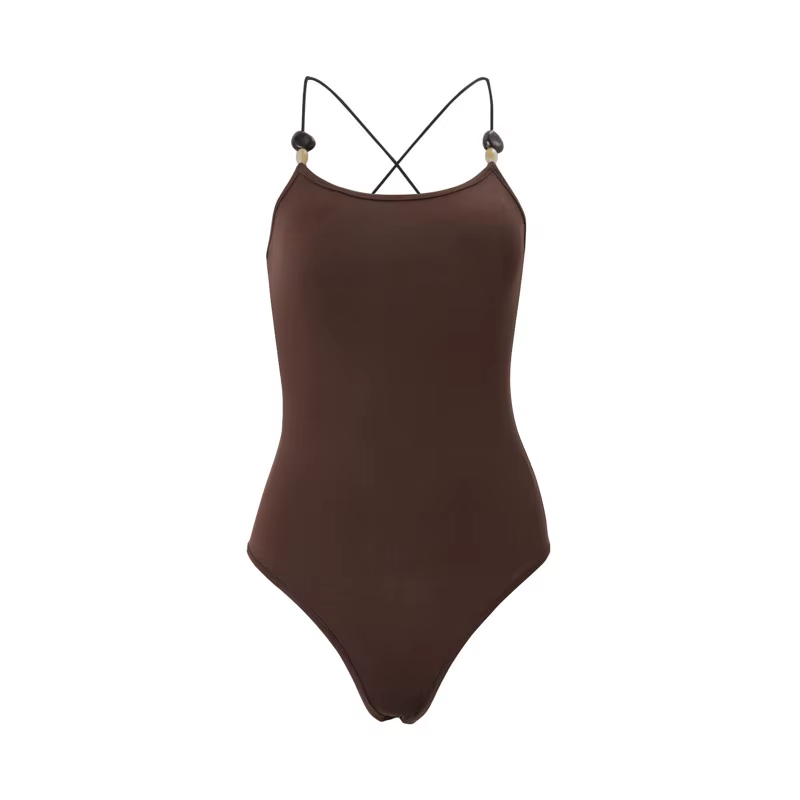 Shestyle Body marron à fines bretelles pour femme, sans manches, uni, coupe ajustée, style basique,