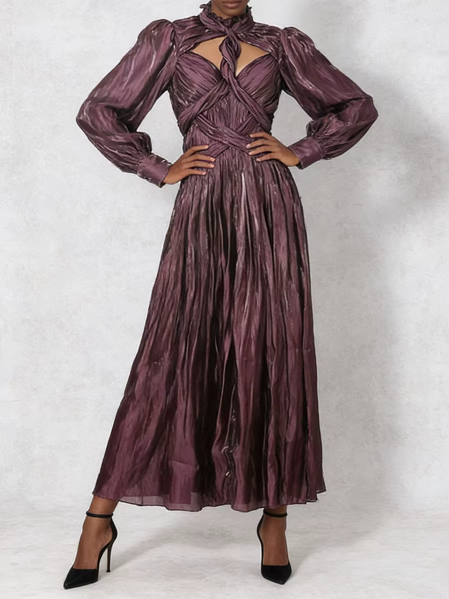 VGH Design Sense Folds Robes amincissantes ajourées pour femmes, col rond, manches longues, taille h