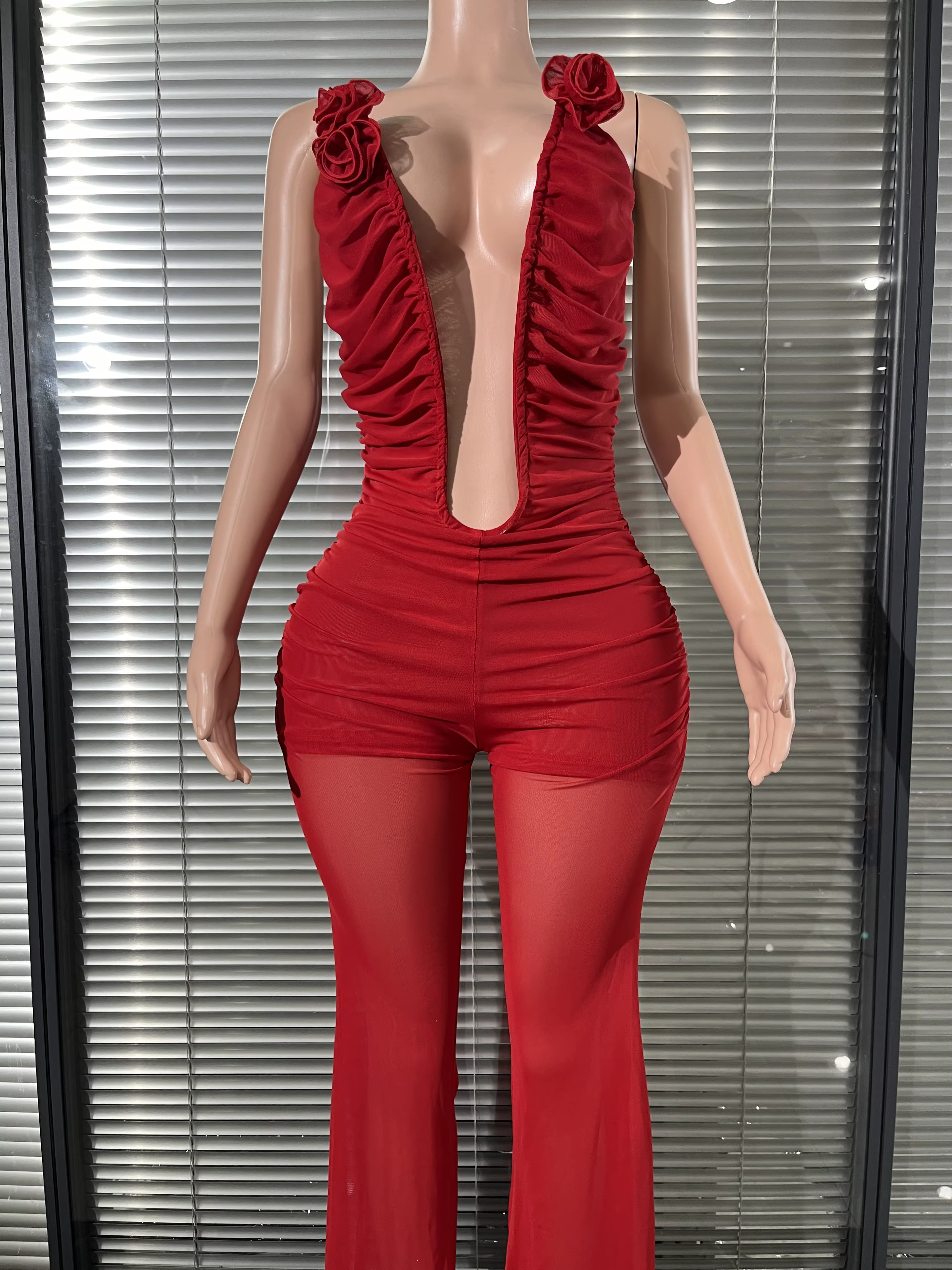Couleur rouge femmes Sexy licou hors de l'épaule froncé maille moulante combinaison célébrer mode di