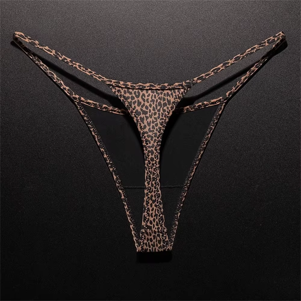 String imprimé léopard pour femmes, fente haute, sous-vêtements Sexy en soie glacée, sans couture, u