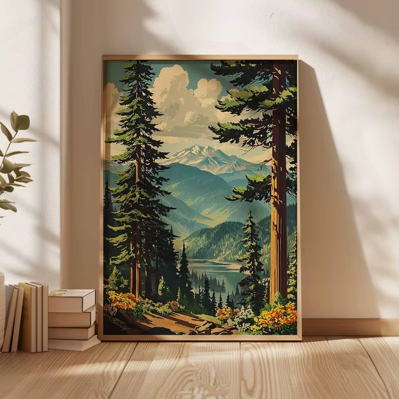 Affiche murale en toile rétro montagne-foret, impression de paysage naturel sans cadre pour la décor