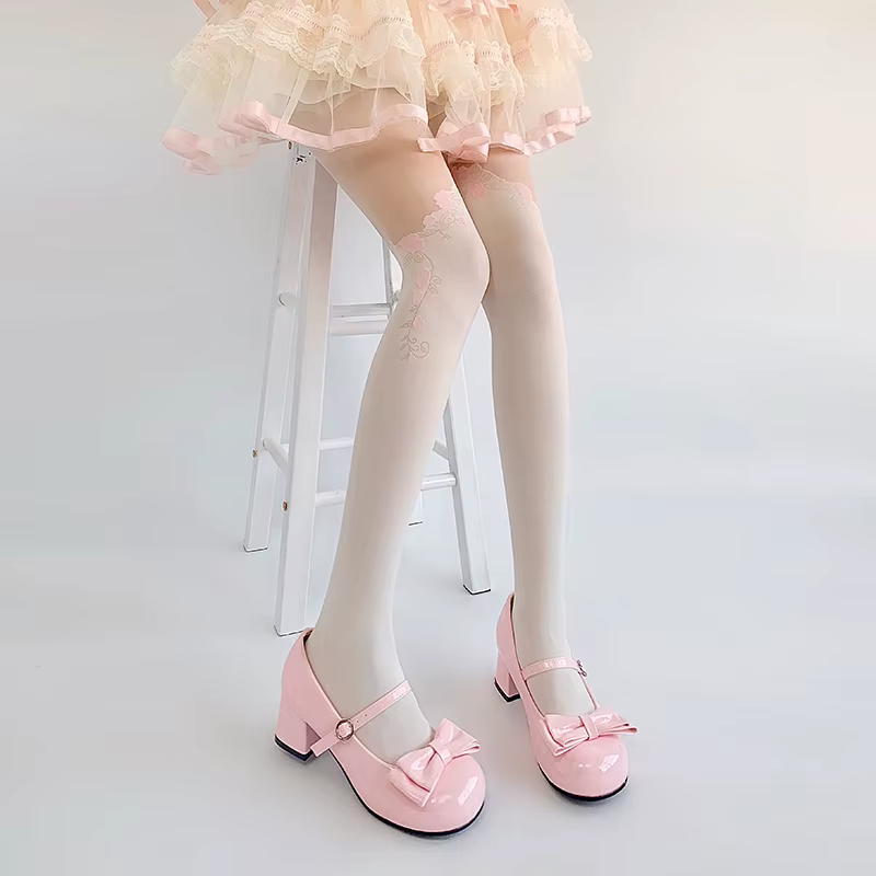 Bas épissés roses pour femmes, collants Lolita, satin beige, style ballet, sexy, fin, mignon, dentel