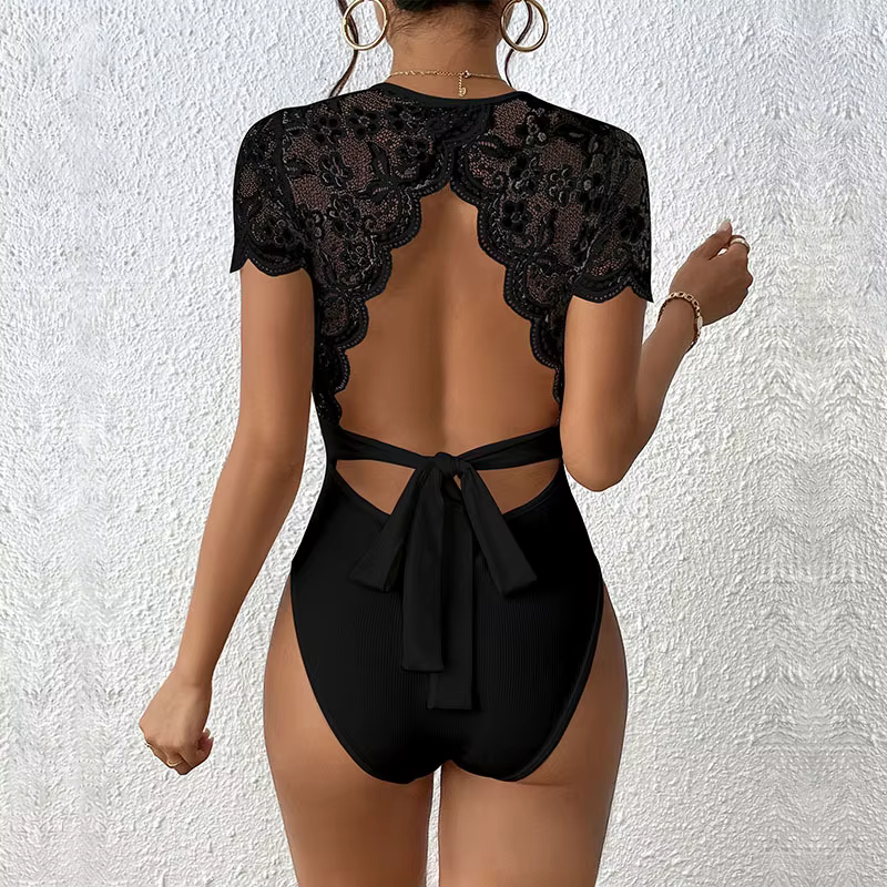 Body moulant sexy en dentelle à manches courtes pour femme, noir et blanc, col rond, une pièce côtel